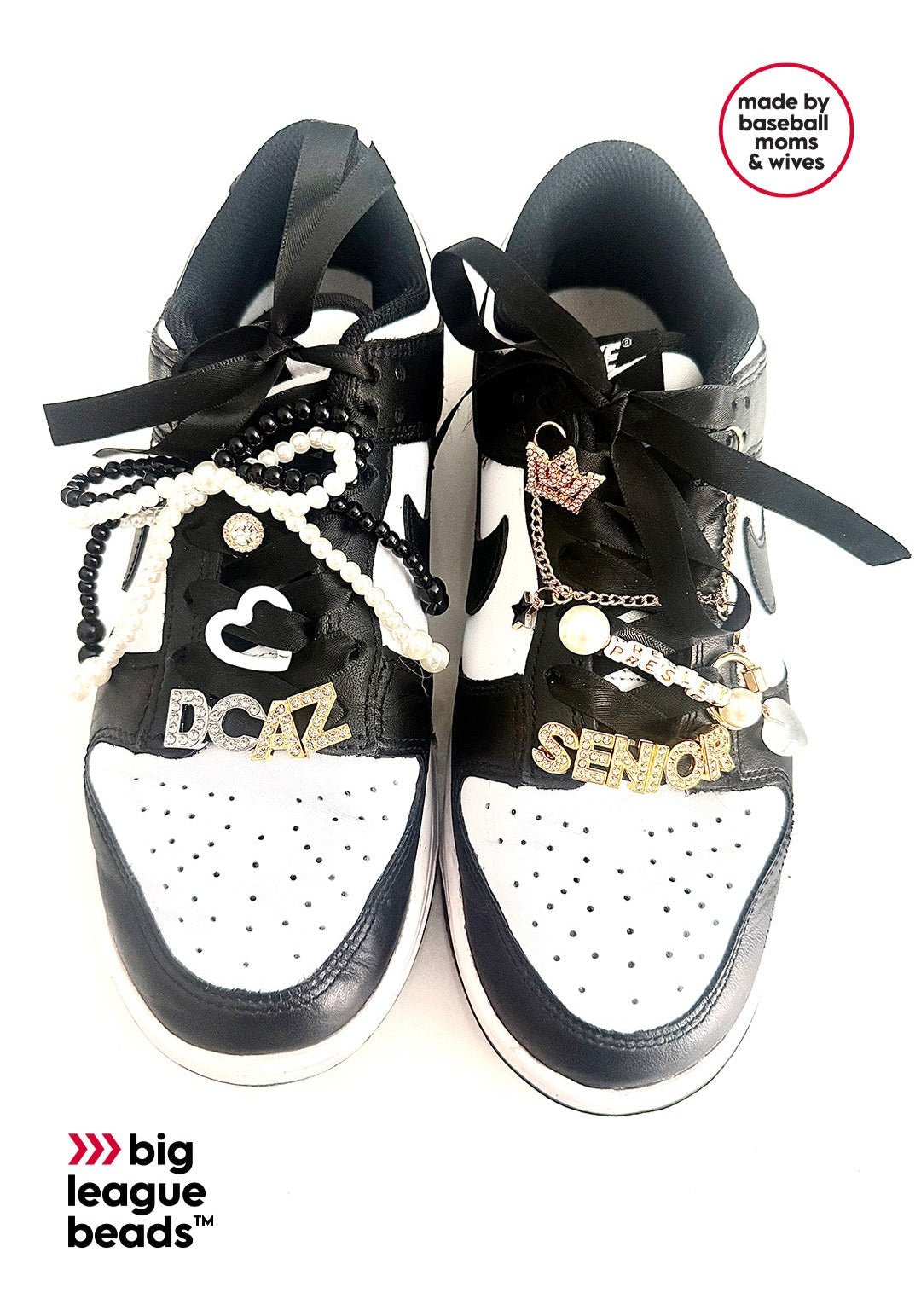 Black and white sneakers with decorative elements on a white background, featuring 'big league beads' branding.
