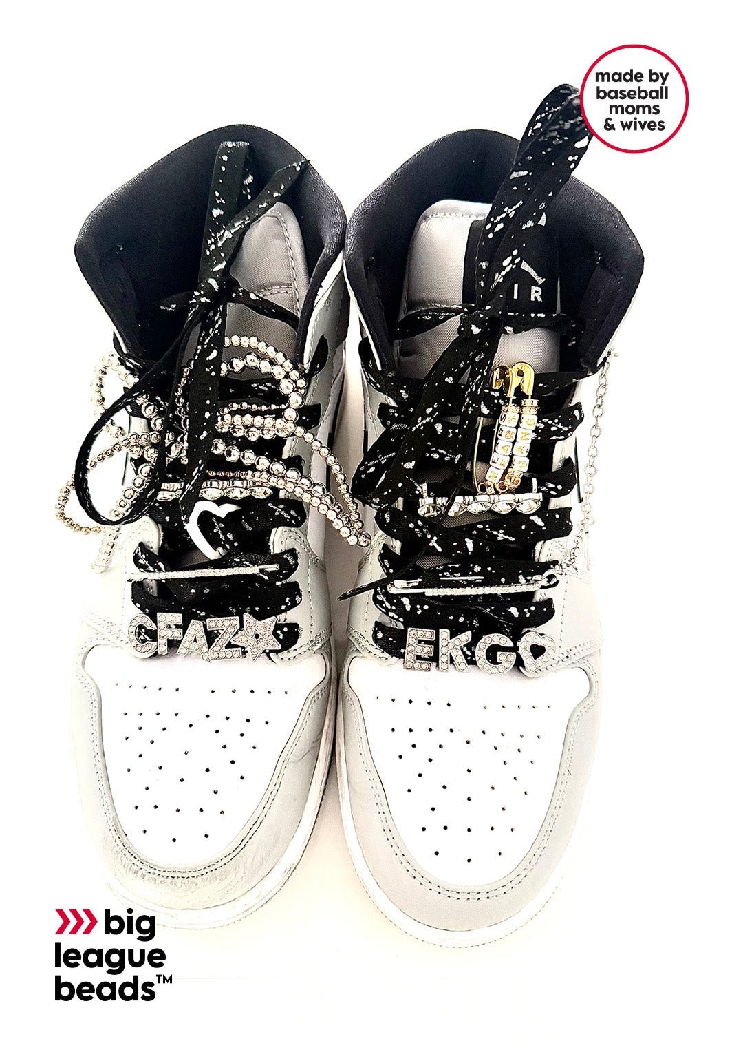 Black and white sneakers with decorative beads on a white background, featuring Big League Beads branding.
