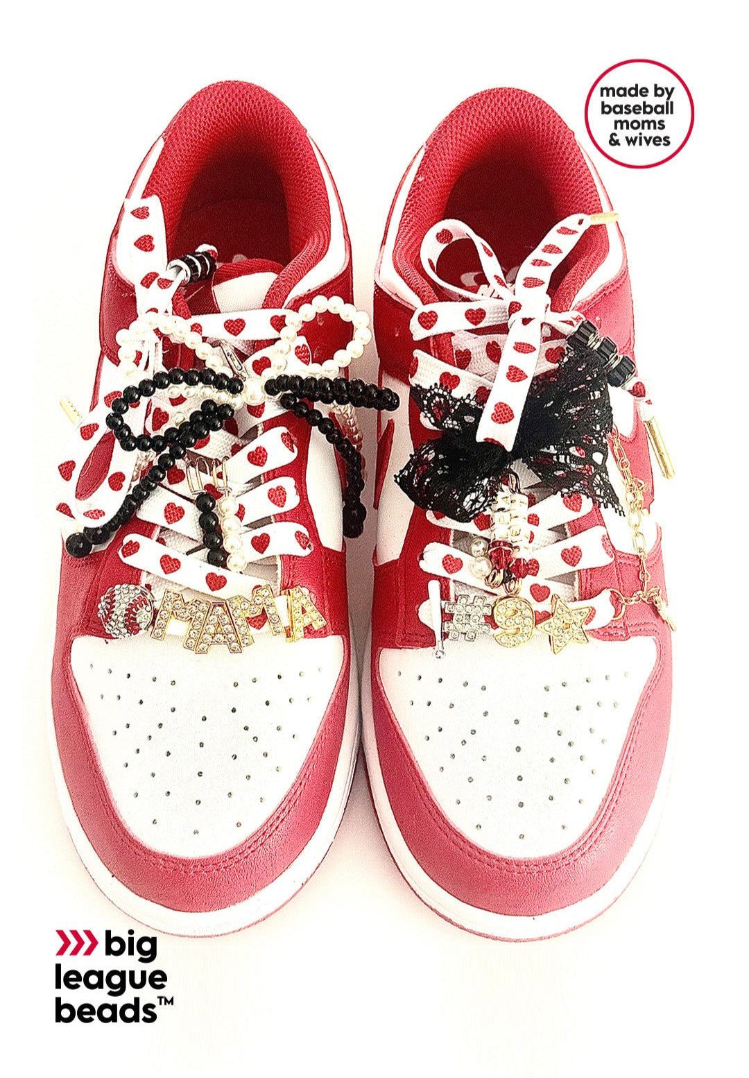Red and white sneakers with decorative laces on a white background, featuring Big League Beads branding.