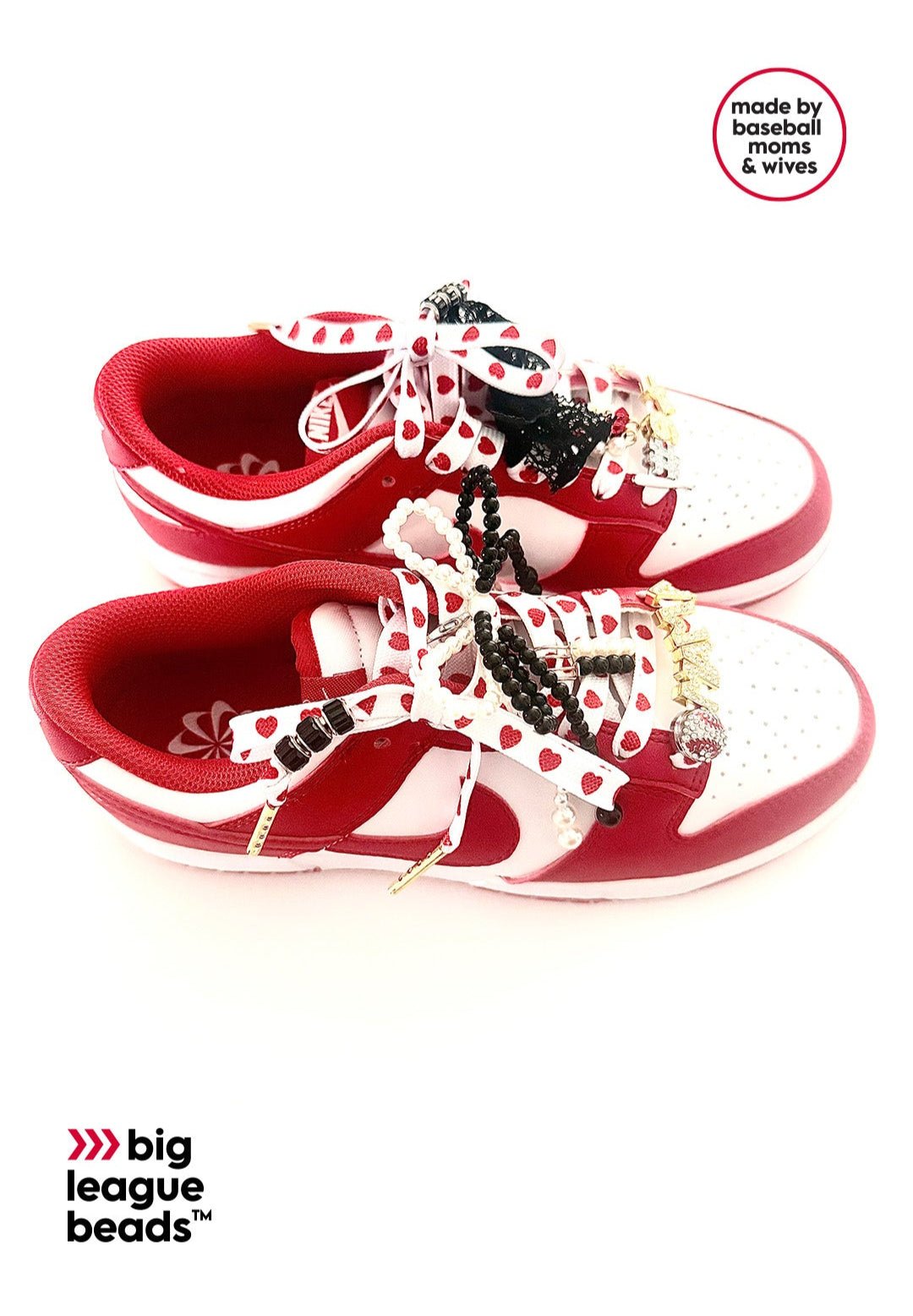 Red and white sneakers with decorative elements on a white background, featuring 'big league beads' branding.