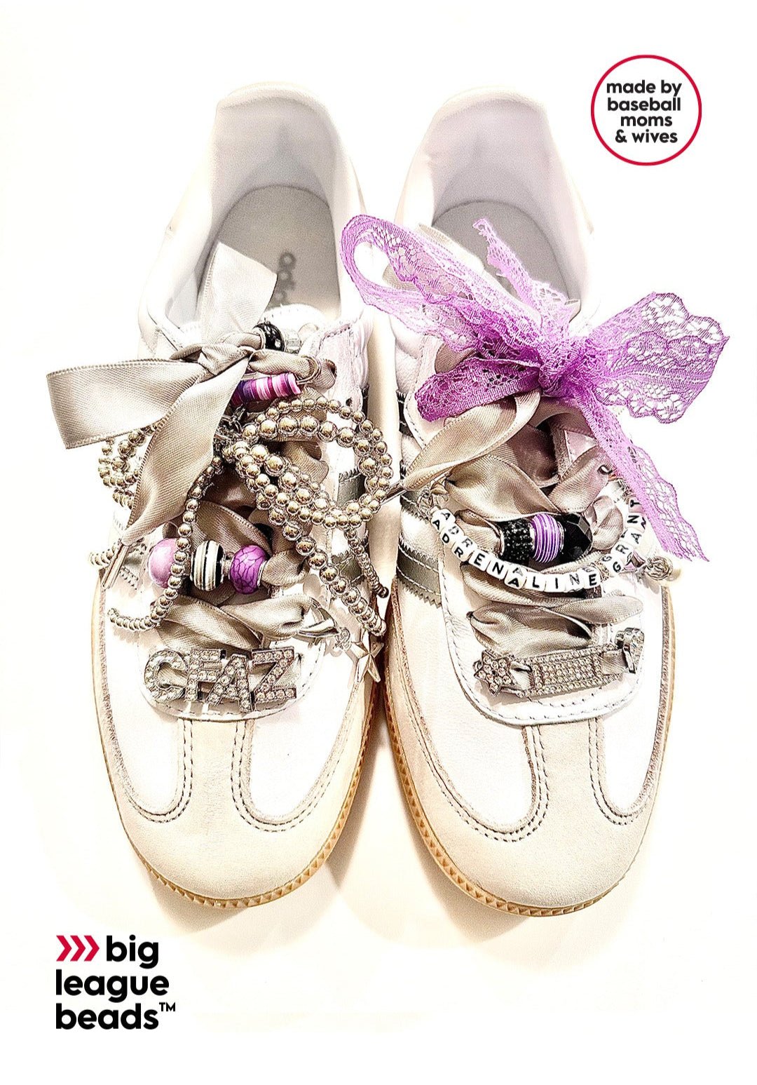 Decorative shoes with beads and ribbons on a white background, featuring Big League Beads branding.