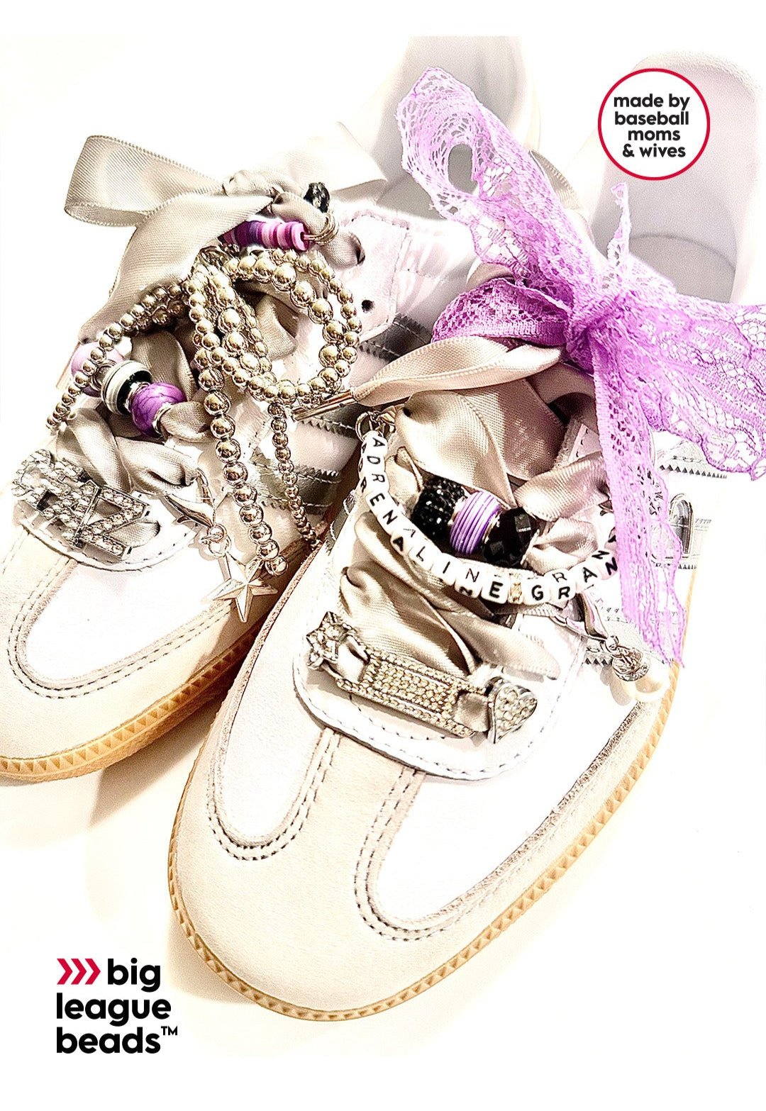 Decorative sneakers with beads and ribbons on a white background, featuring 'big league beads' branding.