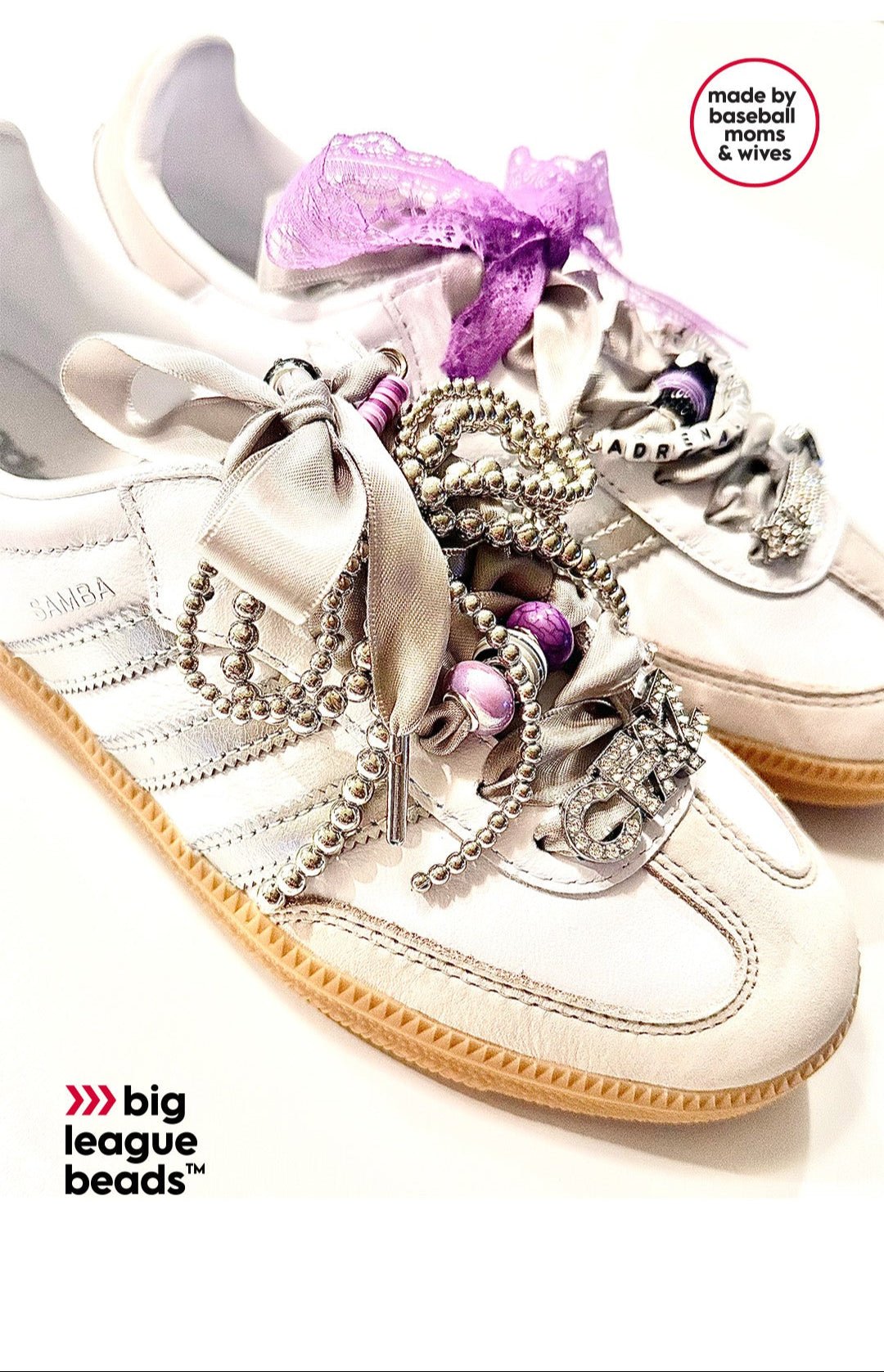 Decorative sneakers with beads and ribbons on a white background, featuring 'big league beads' branding.