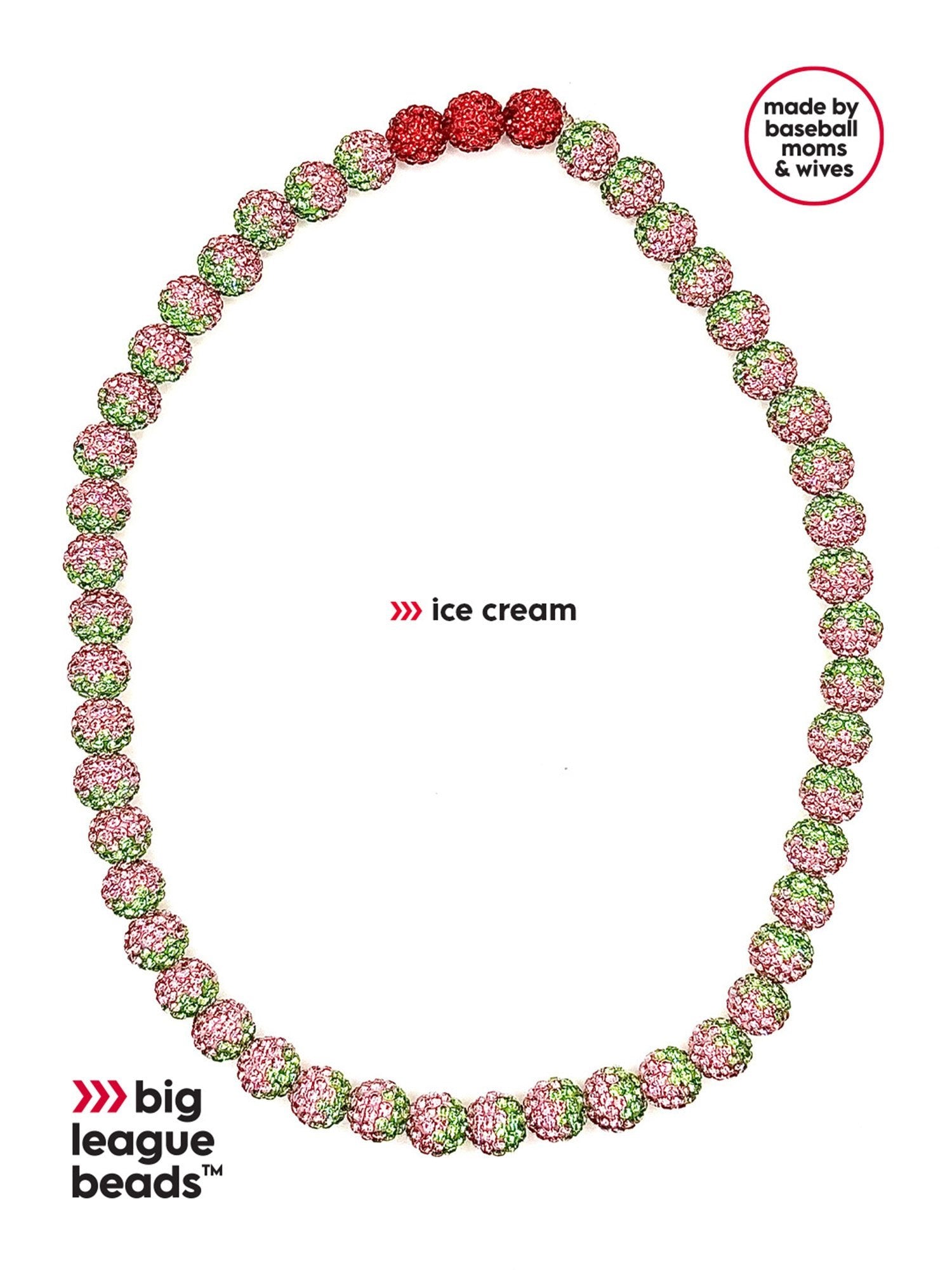 Necklace with pink and green beads on a white background, featuring 'big league beads' branding.