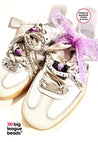 Decorative sneakers with beads and ribbons on a white background, featuring 'big league beads' branding.
