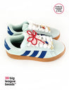 White sneaker with blue stripes and red laces on a white background, featuring 'big league beads' branding.