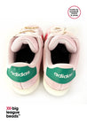 Pink Adidas sneakers with green accents on a white background wiht big league beads logo