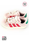 Pink Adidas sneaker with red and green accents on a white background with big league beads logo