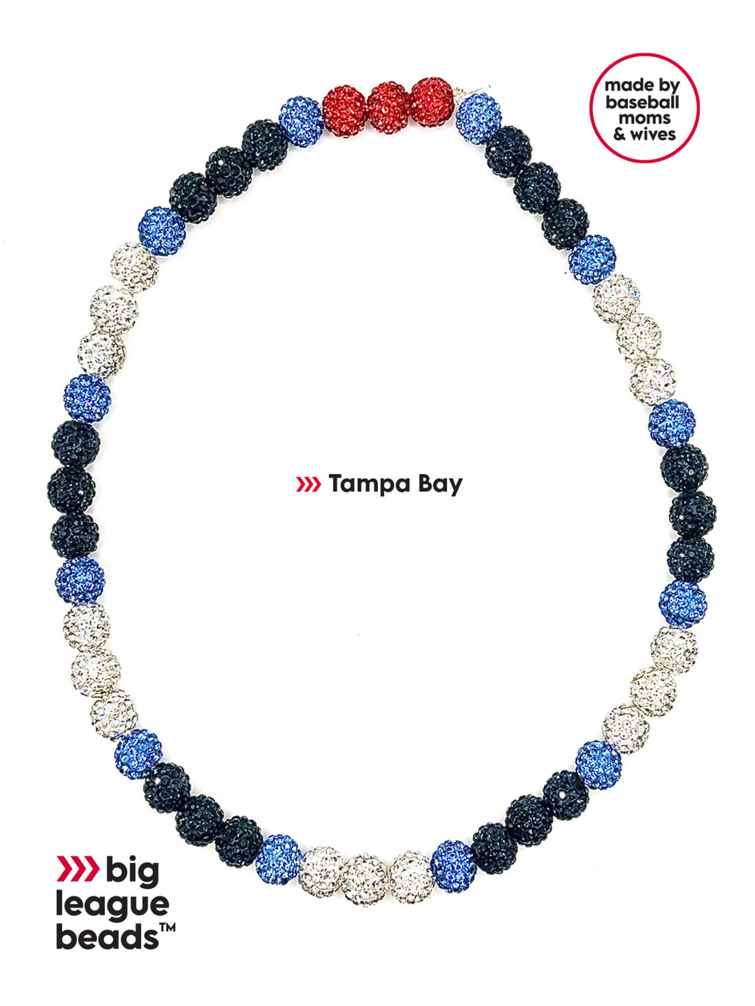 Necklace with blue, red, and silver beads on a white background, featuring 'big league beads' branding. tampa-bay-colors-team-original-baseball-necklace